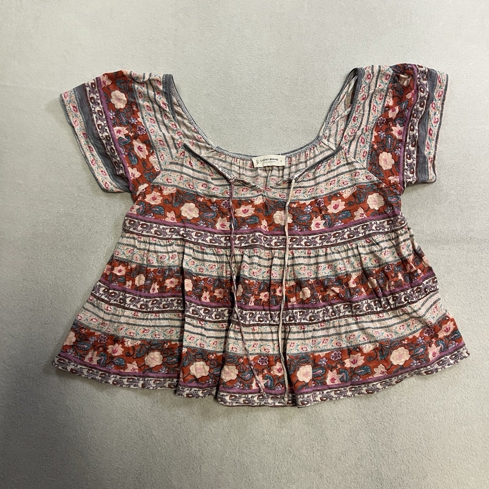 Lucky Brand Print Mix Swing Tiered Top Women's Size Small Shirt Peasant Hippy